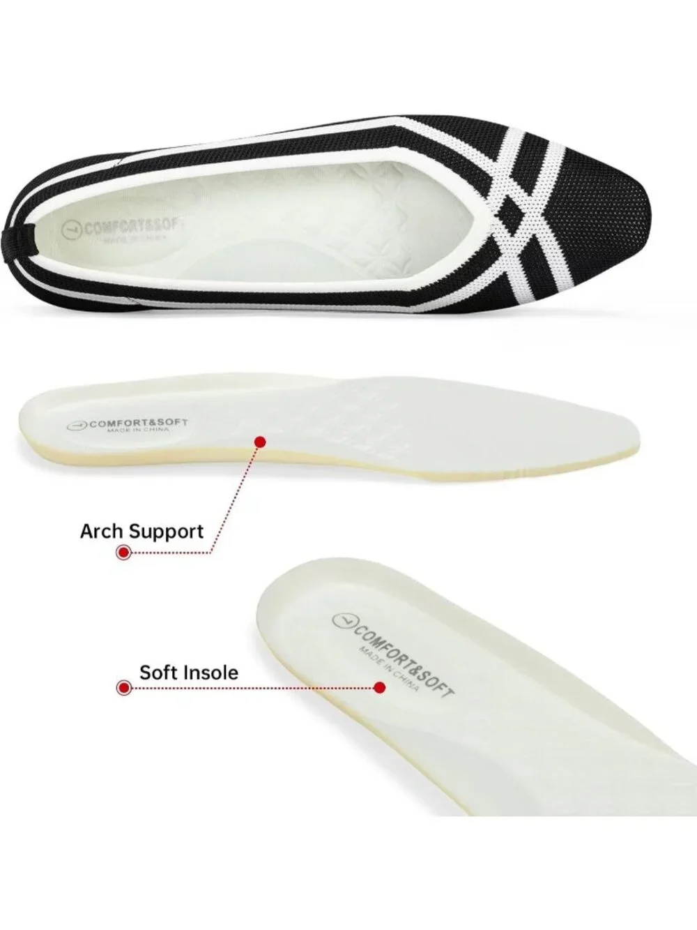 Frank Mully Women's Black White Rubber Knit Square Toe Comfortable Slip On Flats